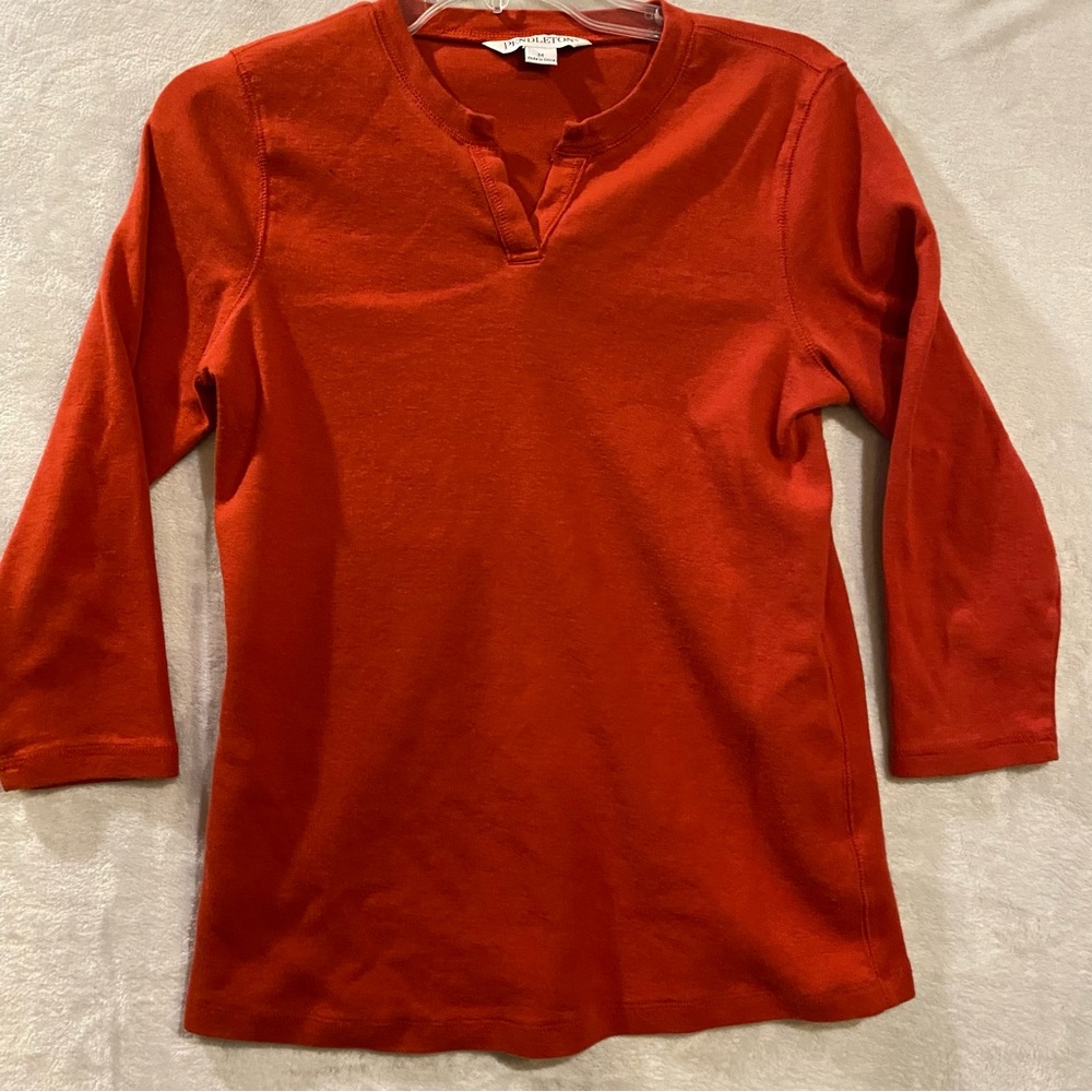 Pendleton Shirt Womens Medium Orange Cotton Vneck Pullover Long Sleeve